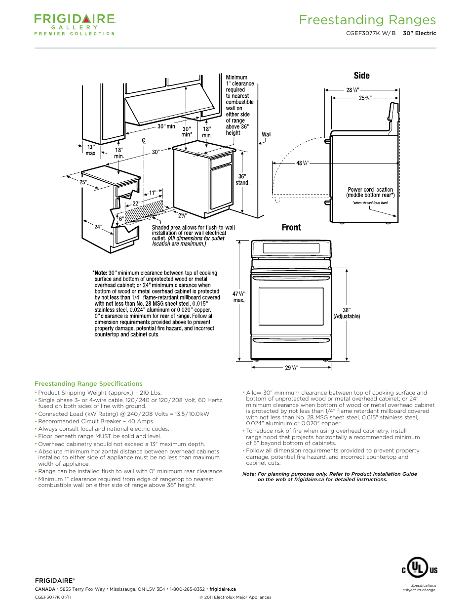 30" electric freestanding ranges gallery, Freestanding ranges | FRIGIDAIRE CGEF3077K W/B User Manual | Page 2 / 2
