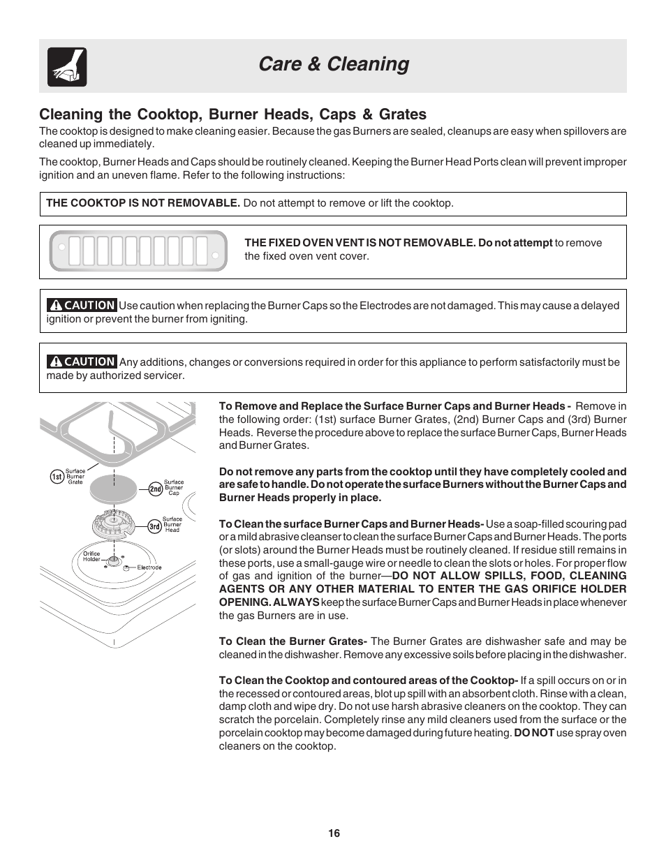 Care & cleaning, Cleaning the cooktop, burner heads, caps & grates | FRIGIDAIRE 318203866 User Manual | Page 16 / 22