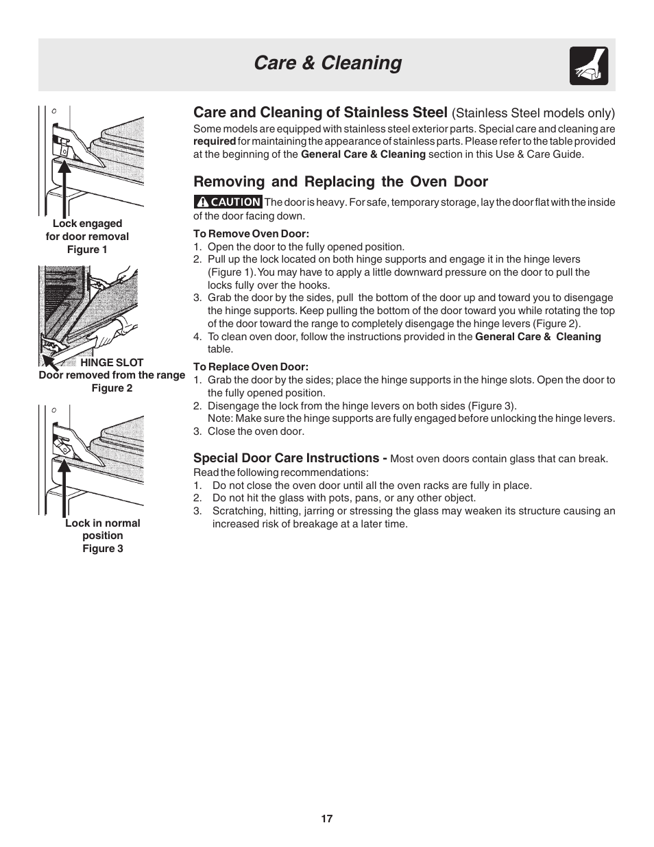 Care & cleaning, Care and cleaning of stainless steel, Removing and replacing the oven door | FRIGIDAIRE 318203866 User Manual | Page 17 / 22
