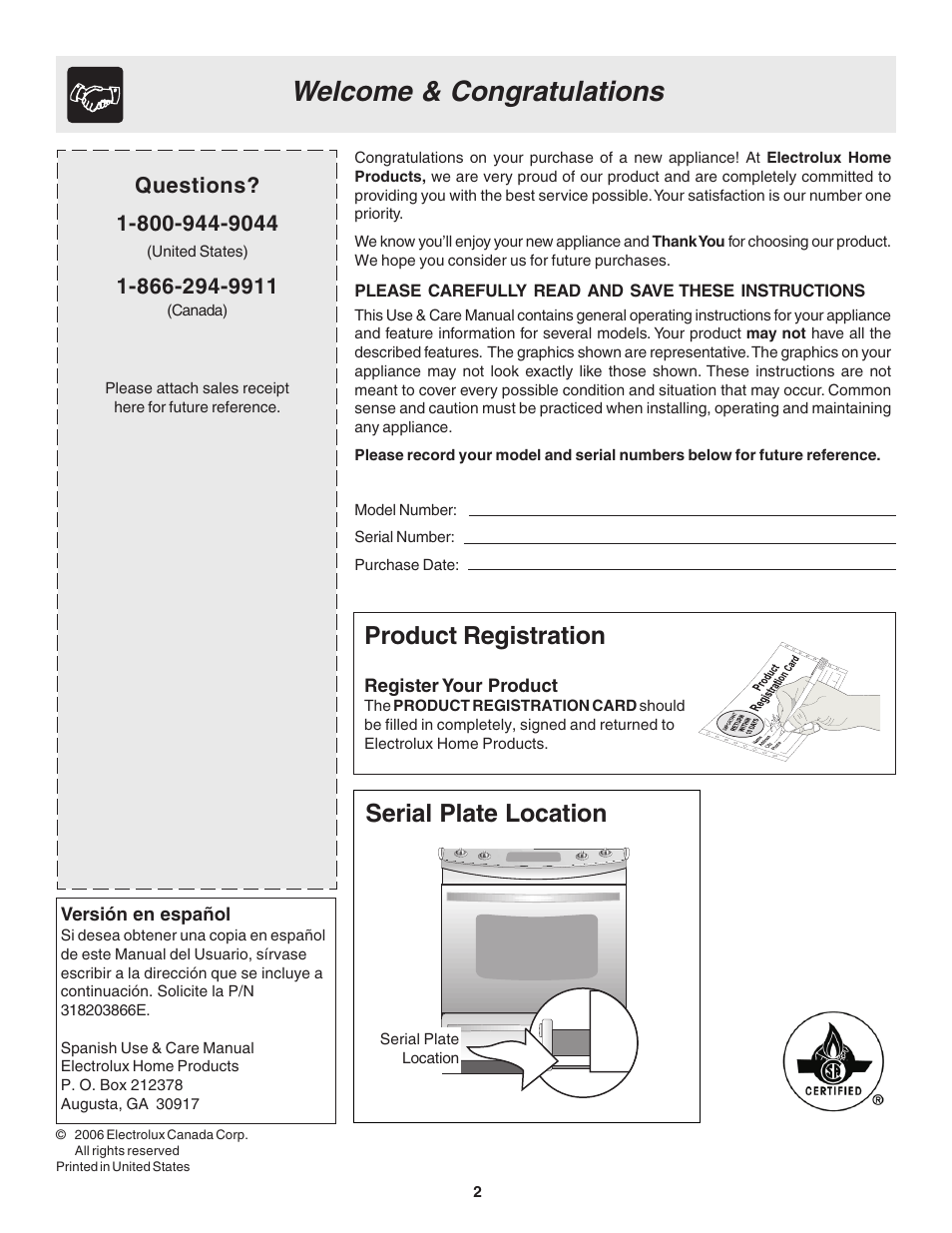 Product registration, Serial plate location | FRIGIDAIRE 318203866 User Manual | Page 2 / 22