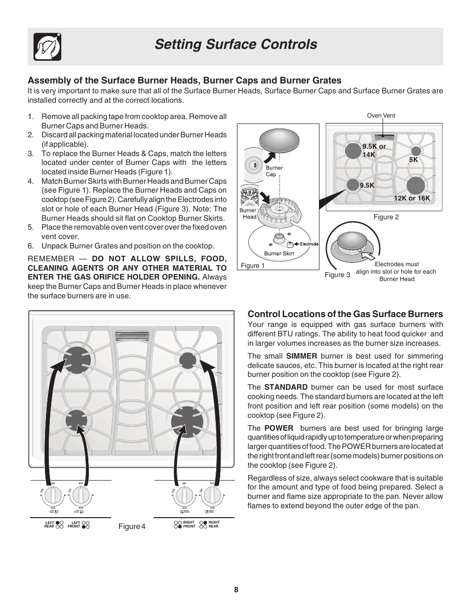 Setting surface controls, Control locations of the gas surface burners | FRIGIDAIRE 318203866 User Manual | Page 8 / 22