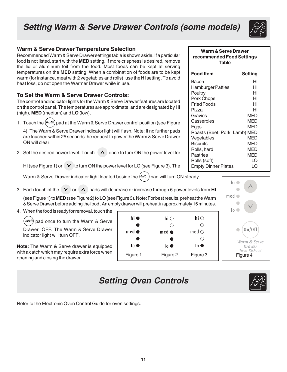 Setting warm & serve drawer controls (some models), Setting oven controls | FRIGIDAIRE 318203875 User Manual | Page 11 / 22