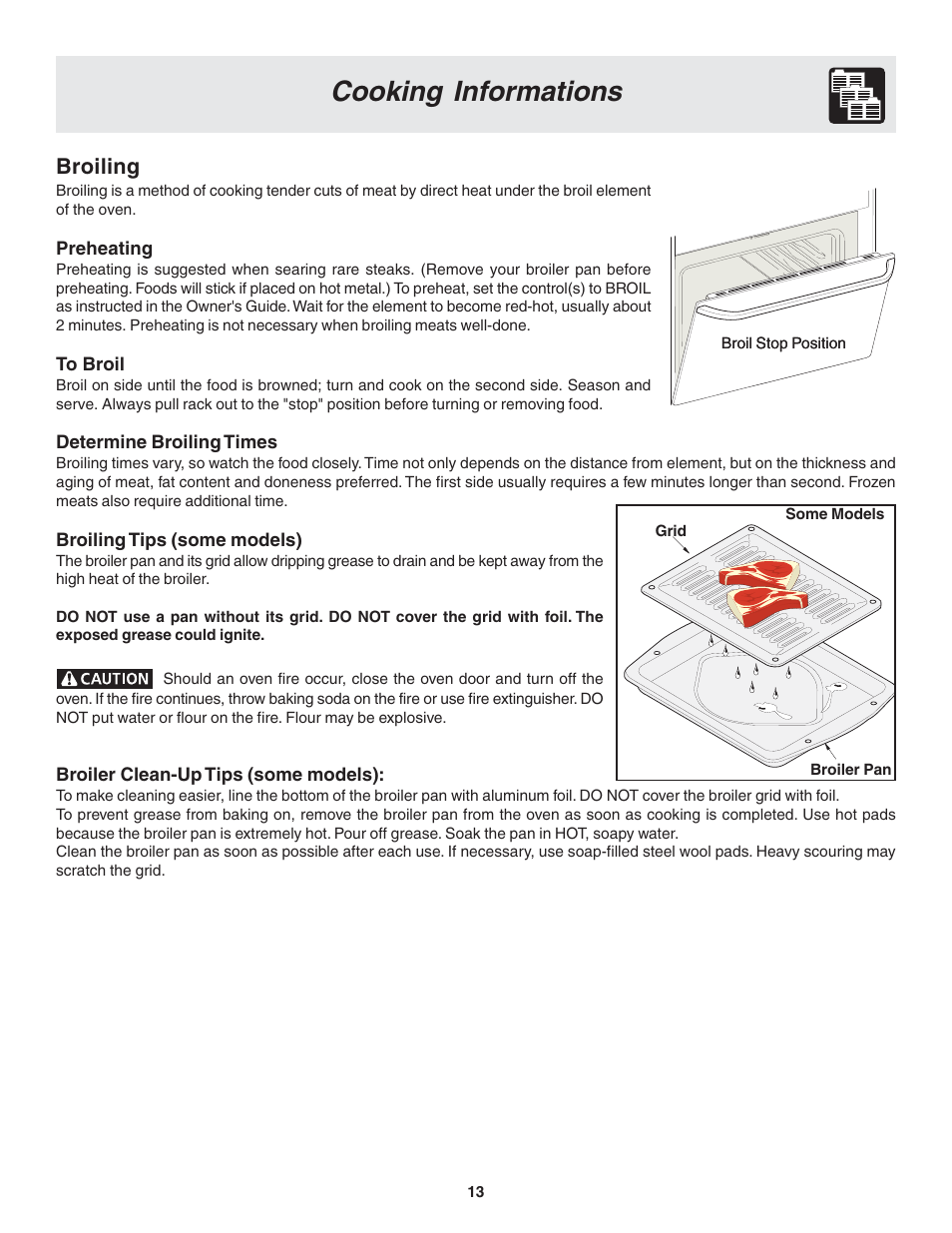 Cooking informations, Broiling | FRIGIDAIRE 318203875 User Manual | Page 13 / 22