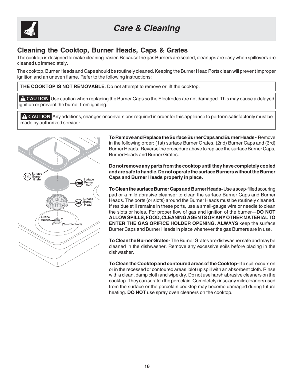 Care & cleaning, Cleaning the cooktop, burner heads, caps & grates | FRIGIDAIRE 318203875 User Manual | Page 16 / 22