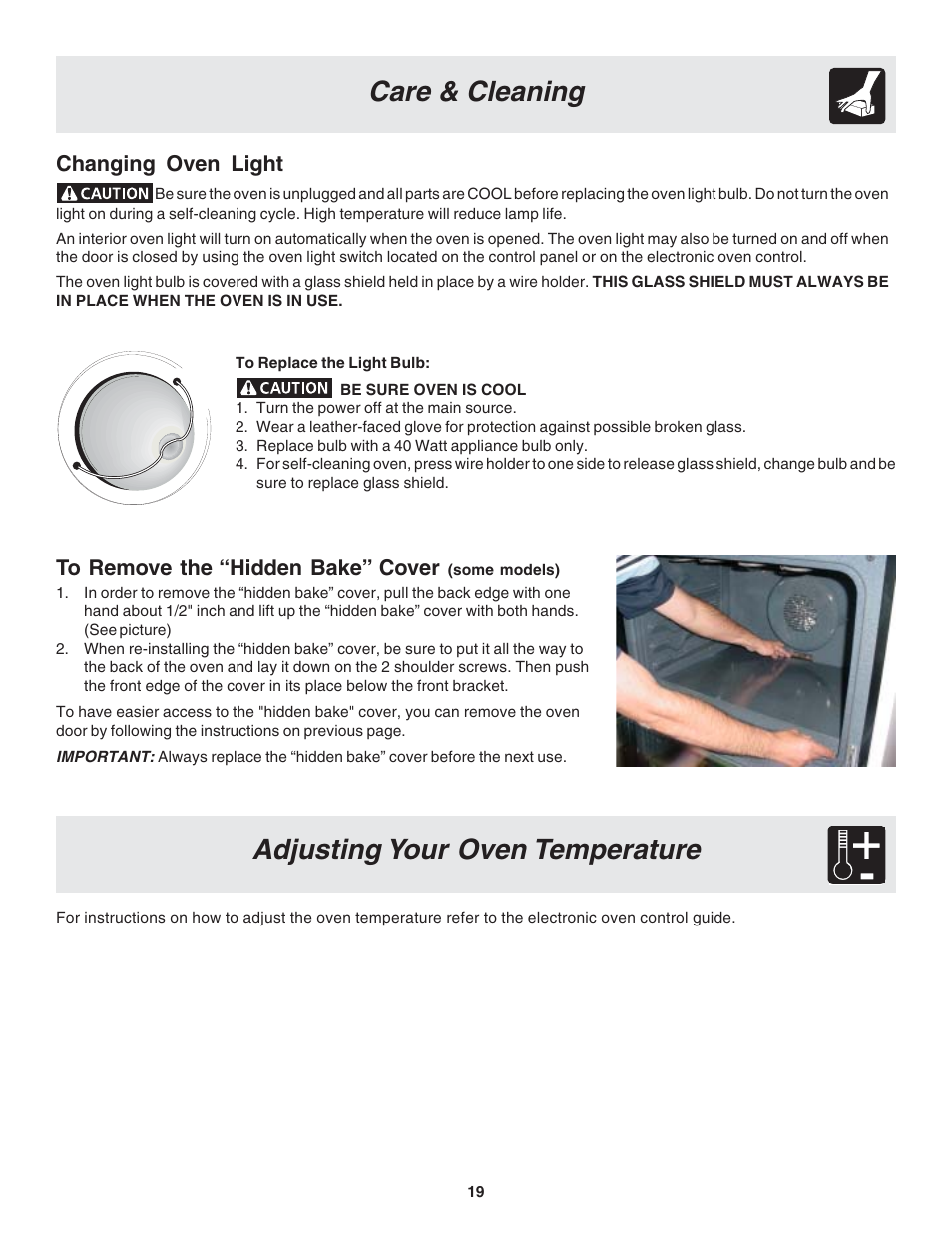 Care & cleaning adjusting your oven temperature, Changing oven light | FRIGIDAIRE 318203875 User Manual | Page 19 / 22