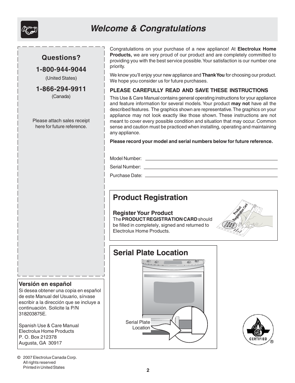 Product registration, Serial plate location | FRIGIDAIRE 318203875 User Manual | Page 2 / 22