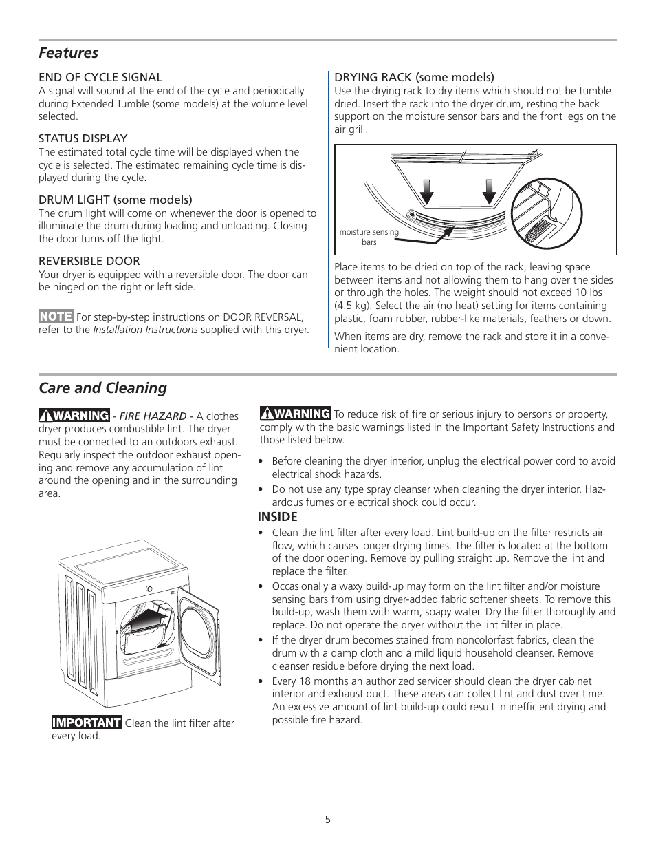 Features, Care and cleaning | FRIGIDAIRE 137118100A User Manual | Page 5 / 9