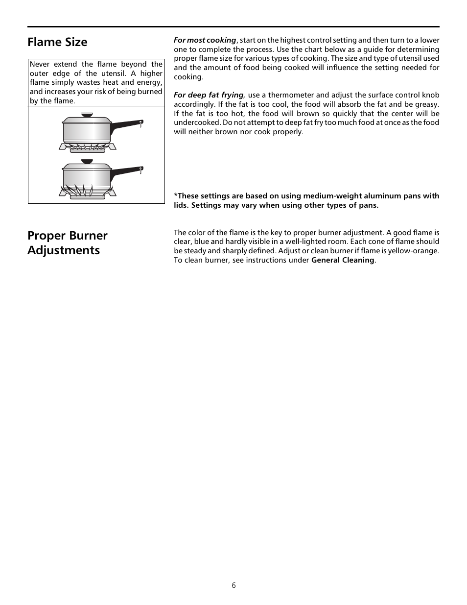 Flame size, Proper burner adjustments, Setting surface controls | Flame size proper burner adjustments | FRIGIDAIRE 316000645 User Manual | Page 6 / 16