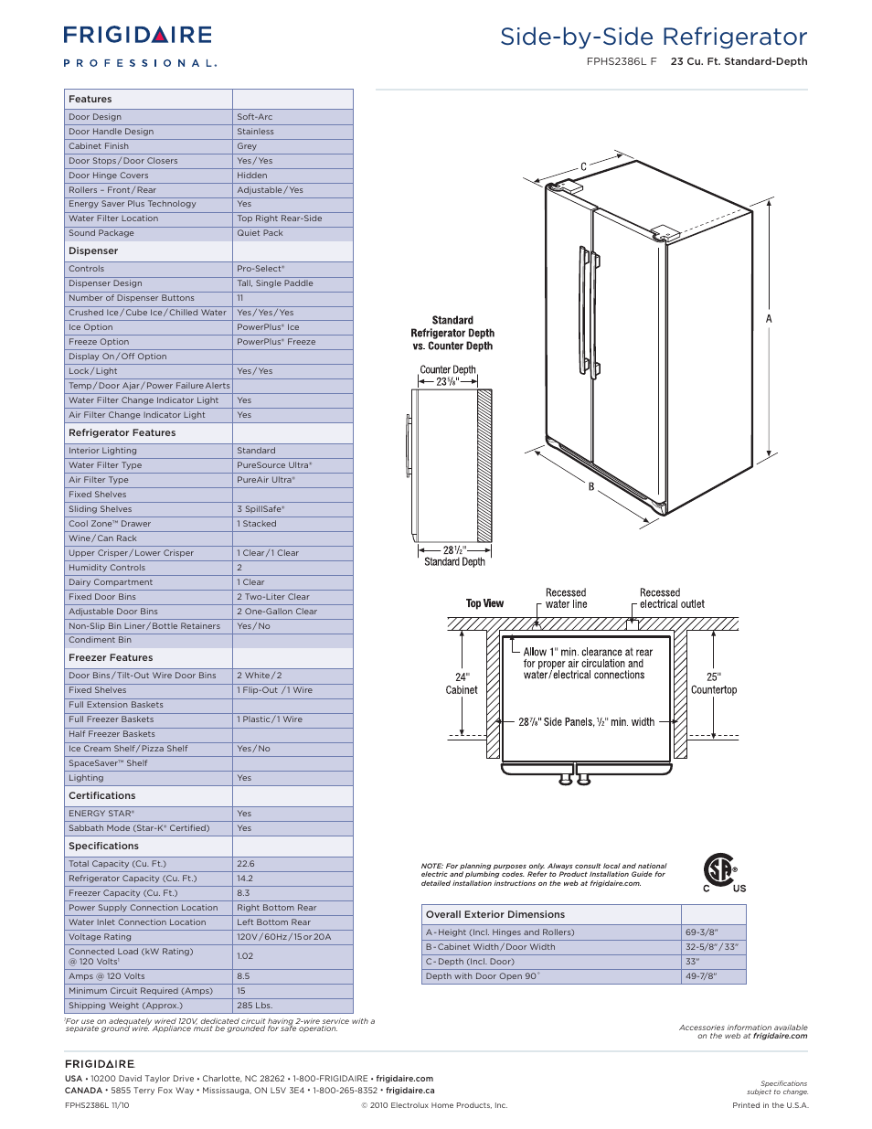 Side-by-side refrigerator | FRIGIDAIRE FPHS2386L F User Manual | Page 2 / 3