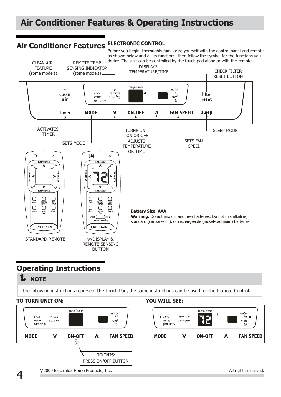 Air conditioner features & operating instructions, Air conditioner features, Operating instructions | FRIGIDAIRE 2020218A0678 User Manual | Page 4 / 12