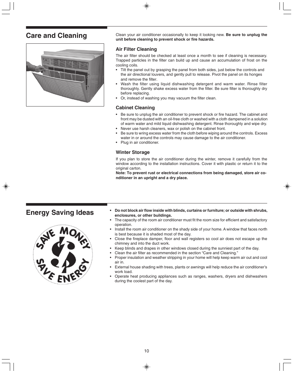 Care and cleaning energy saving ideas | FRIGIDAIRE 100BTU-25 User Manual | Page 10 / 11