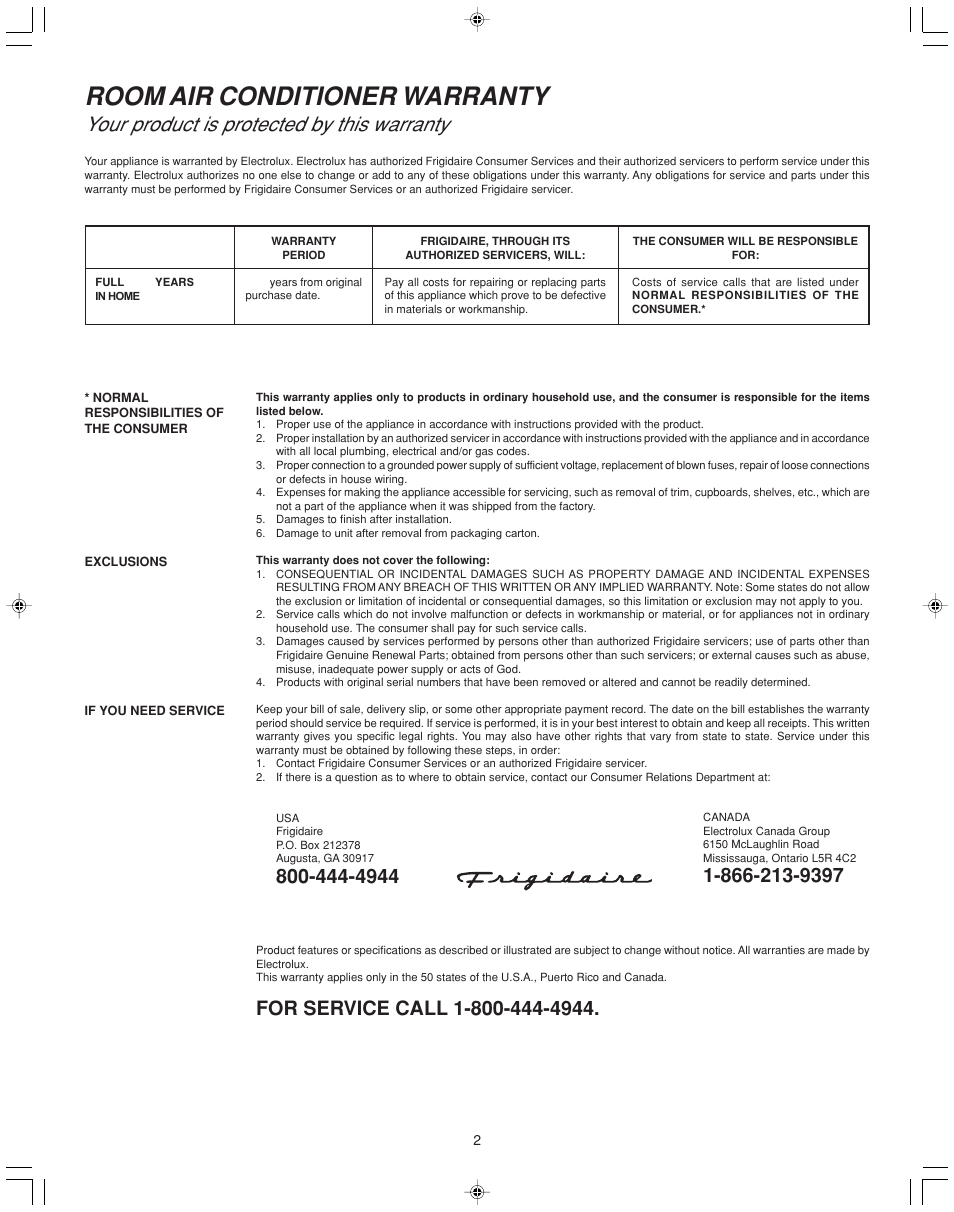Room air conditioner warranty, Your product is protected by this warranty | FRIGIDAIRE 100BTU-25 User Manual | Page 2 / 11