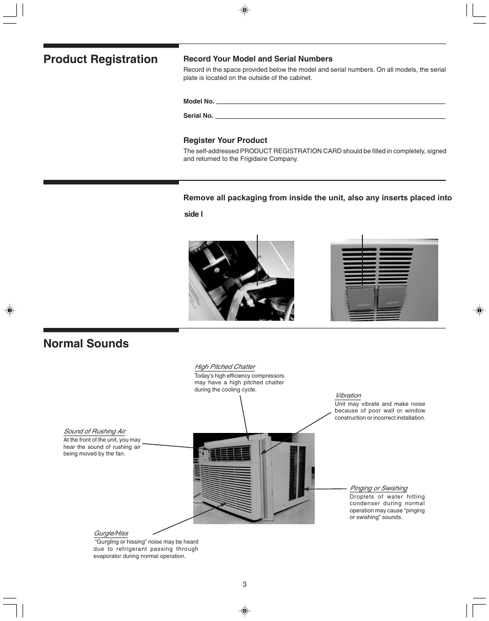 Product registration normal sounds packaging | FRIGIDAIRE 100BTU-25 User Manual | Page 3 / 11