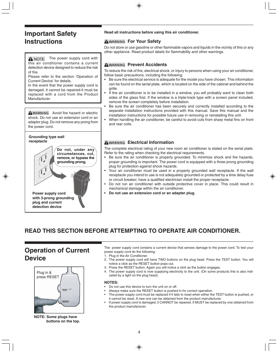 Important safety instructions, Operation of current device | FRIGIDAIRE 100BTU-25 User Manual | Page 4 / 11
