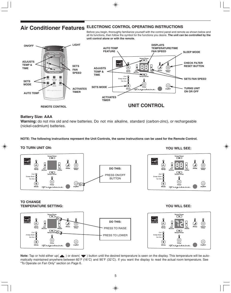 Air conditioner features, Unit control, Electronic control operating instructions | FRIGIDAIRE 100BTU-25 User Manual | Page 5 / 11