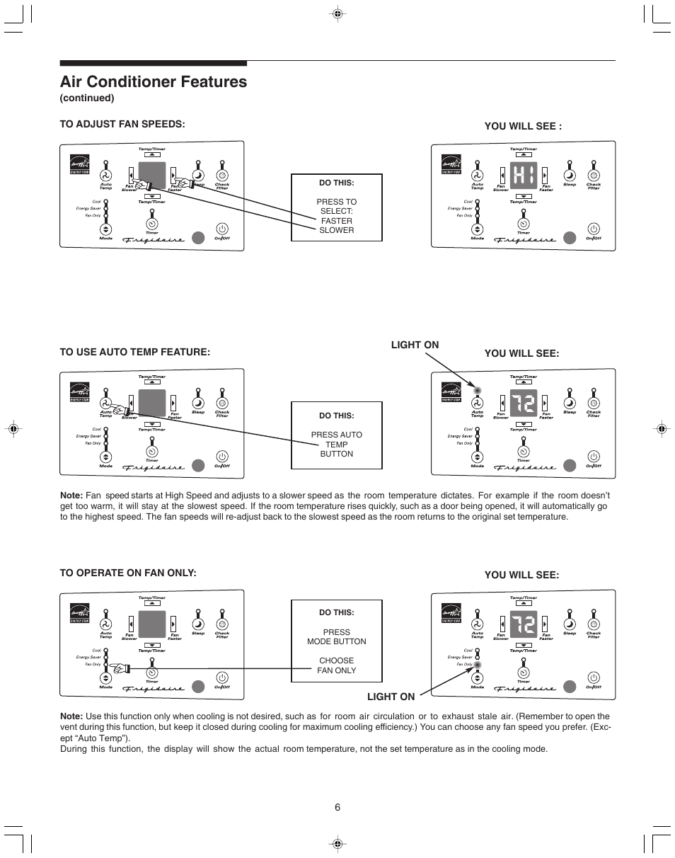 Air conditioner features | FRIGIDAIRE 100BTU-25 User Manual | Page 6 / 11