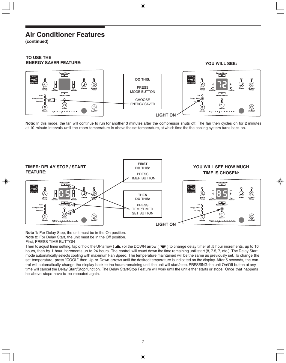 Air conditioner features | FRIGIDAIRE 100BTU-25 User Manual | Page 7 / 11