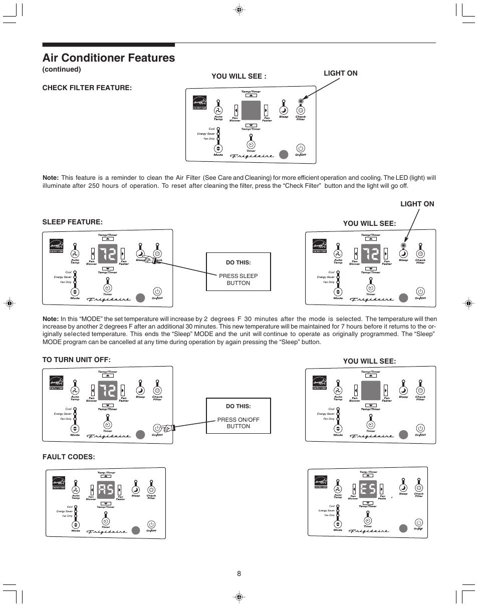 Air conditioner features | FRIGIDAIRE 100BTU-25 User Manual | Page 8 / 11