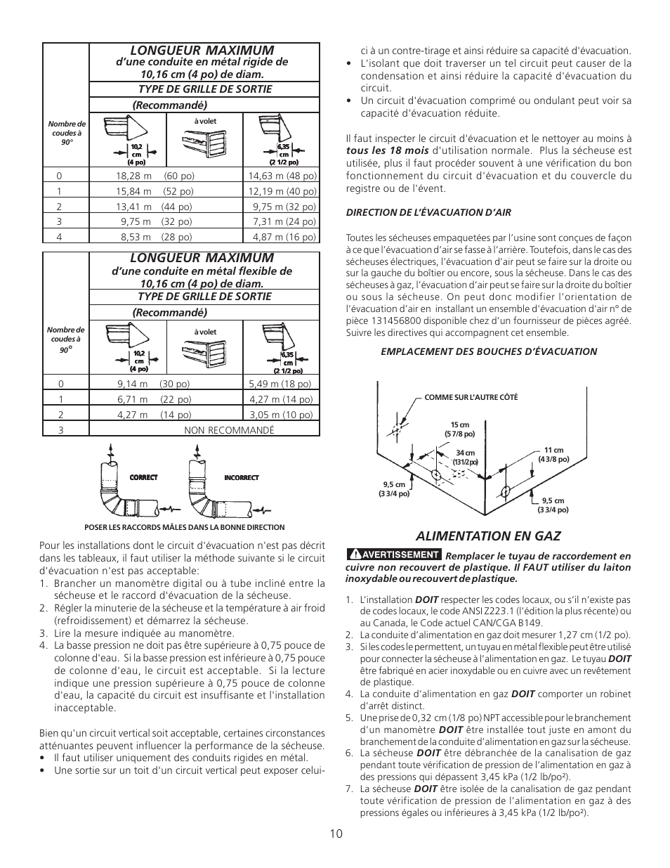 Longueur maximum, Alimentation en gaz, Type de grille de sortie | FRIGIDAIRE 134296400 User Manual | Page 10 / 22