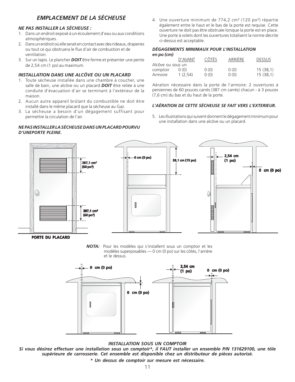 Emplacement de la sécheuse | FRIGIDAIRE 134296400 User Manual | Page 11 / 22