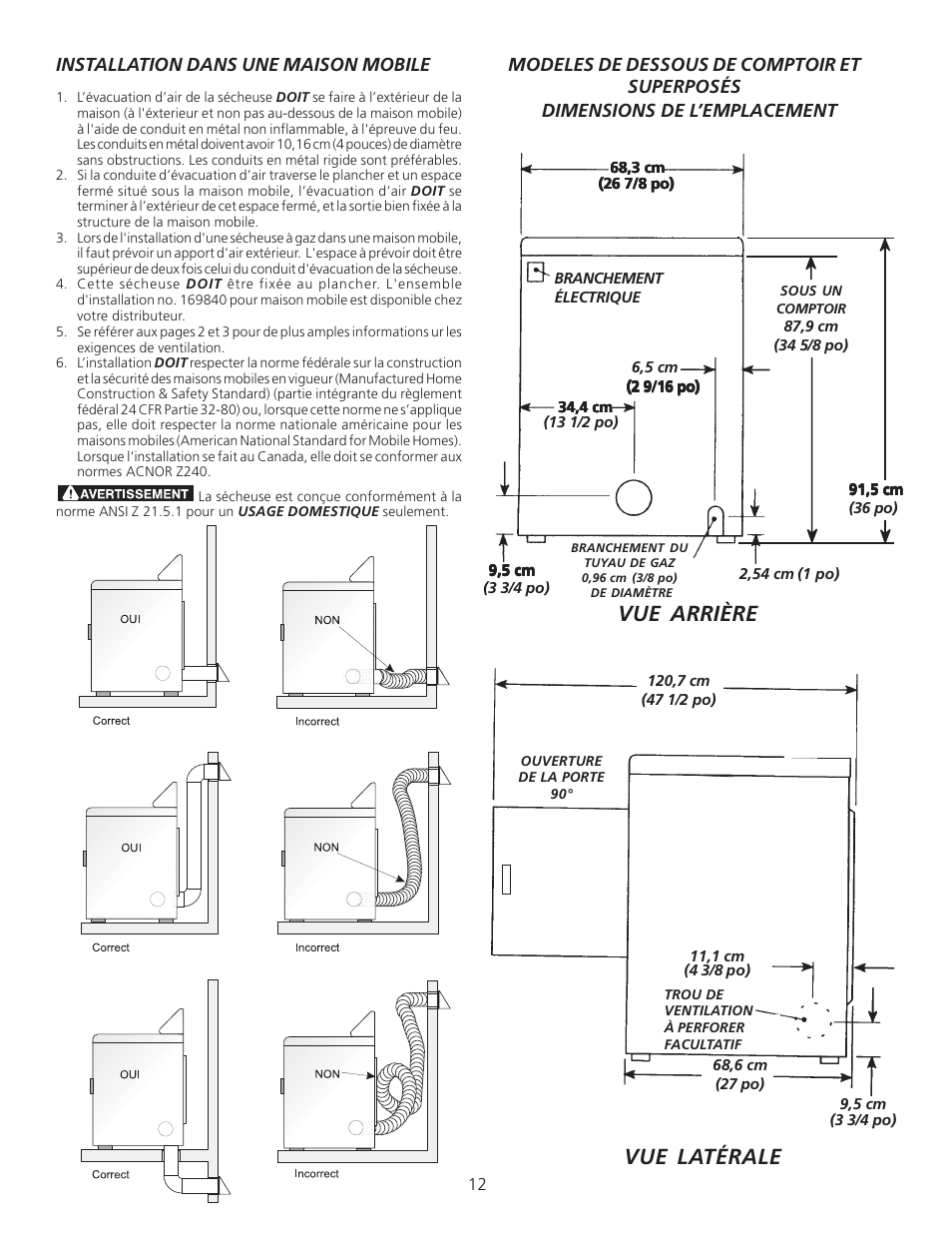 Vue latérale, Vue arrière | FRIGIDAIRE 134296400 User Manual | Page 12 / 22