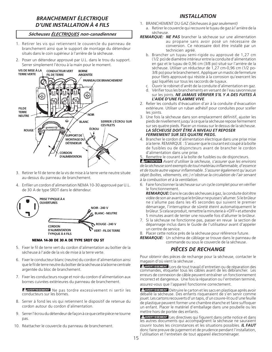 Branchement électrique d’une installation à 4 fils, Installation, Pièces de rechange | FRIGIDAIRE 134296400 User Manual | Page 15 / 22