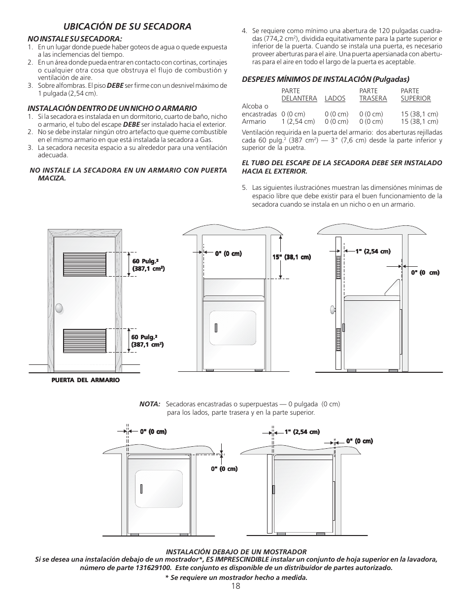 Ubicación de su secadora | FRIGIDAIRE 134296400 User Manual | Page 18 / 22