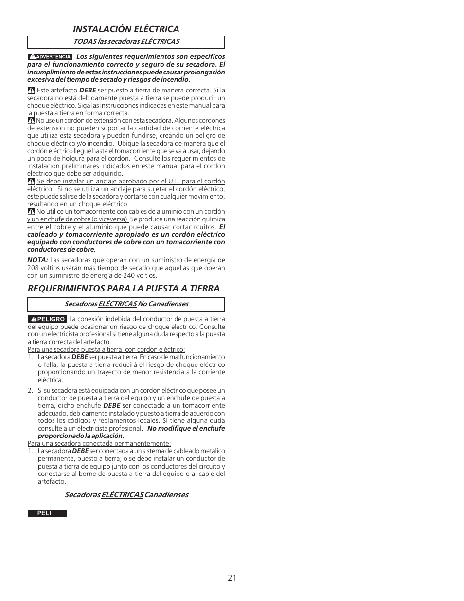 Instalación eléctrica, Requerimientos para la puesta a tierra | FRIGIDAIRE 134296400 User Manual | Page 21 / 22