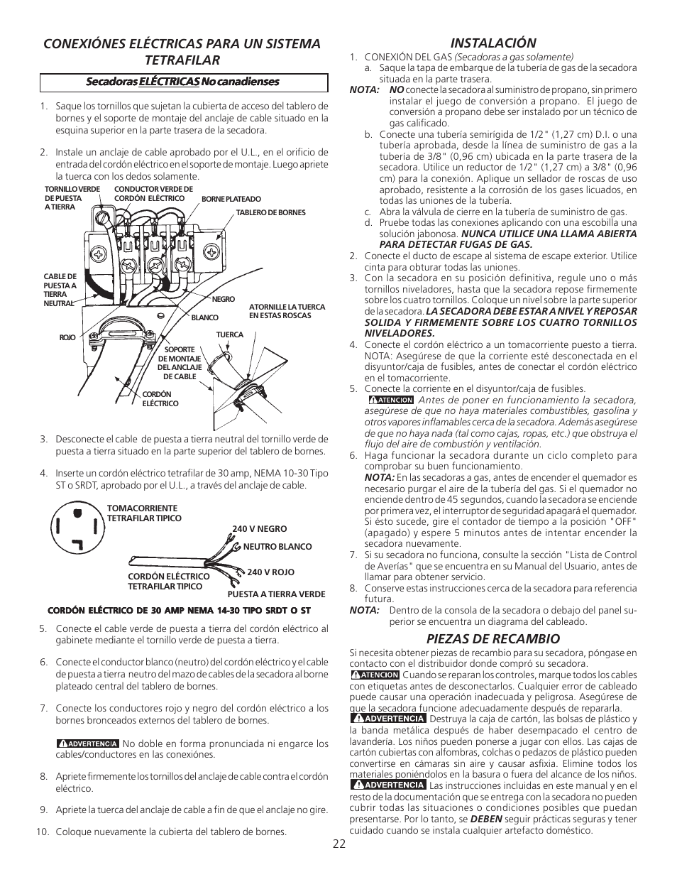 Instalación, Piezas de recambio, Conexiónes eléctricas para un sistema tetrafilar | FRIGIDAIRE 134296400 User Manual | Page 22 / 22