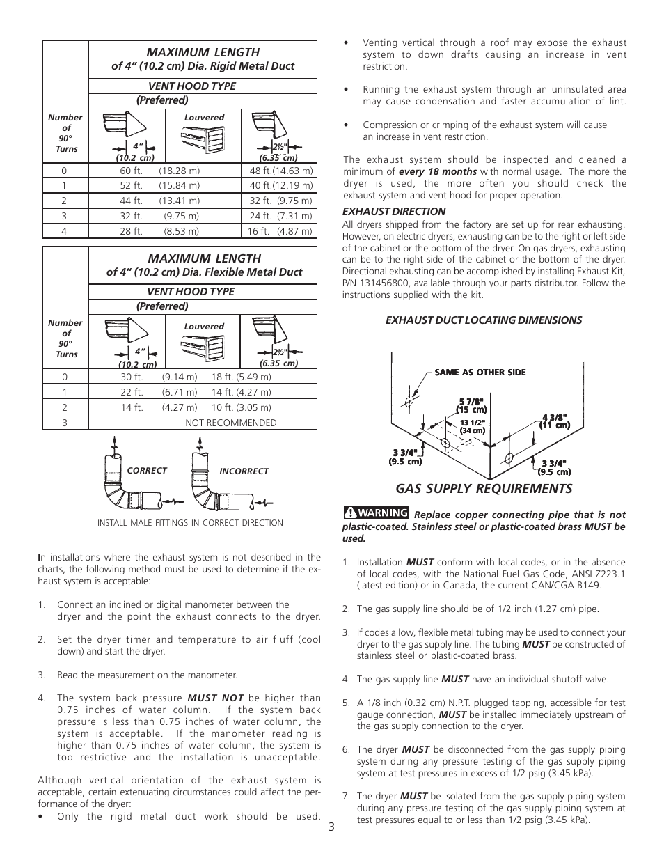 Gas supply requirements, Maximum length | FRIGIDAIRE 134296400 User Manual | Page 3 / 22