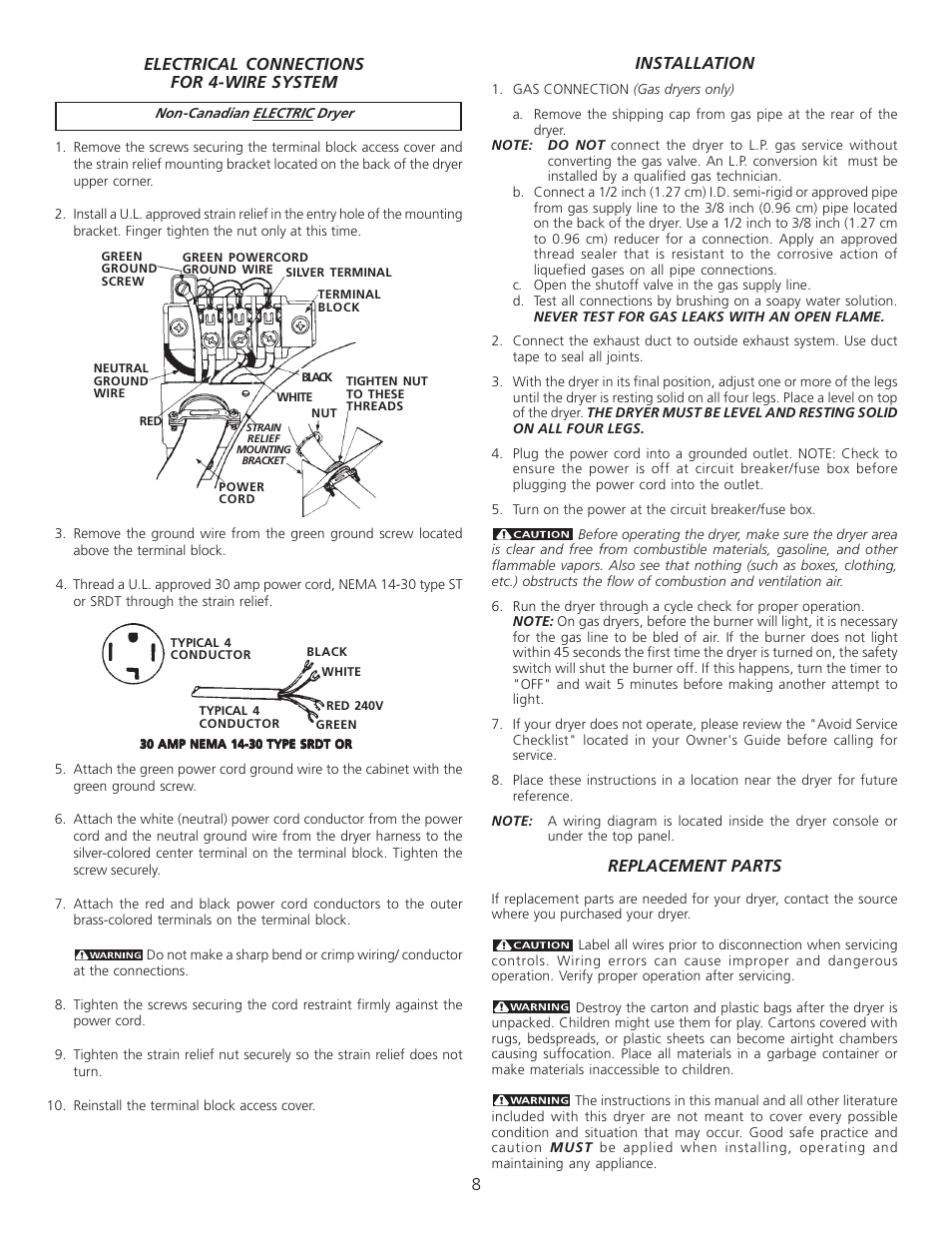8installation, Replacement parts, Electrical connections for 4-wire system | FRIGIDAIRE 134296400 User Manual | Page 8 / 22