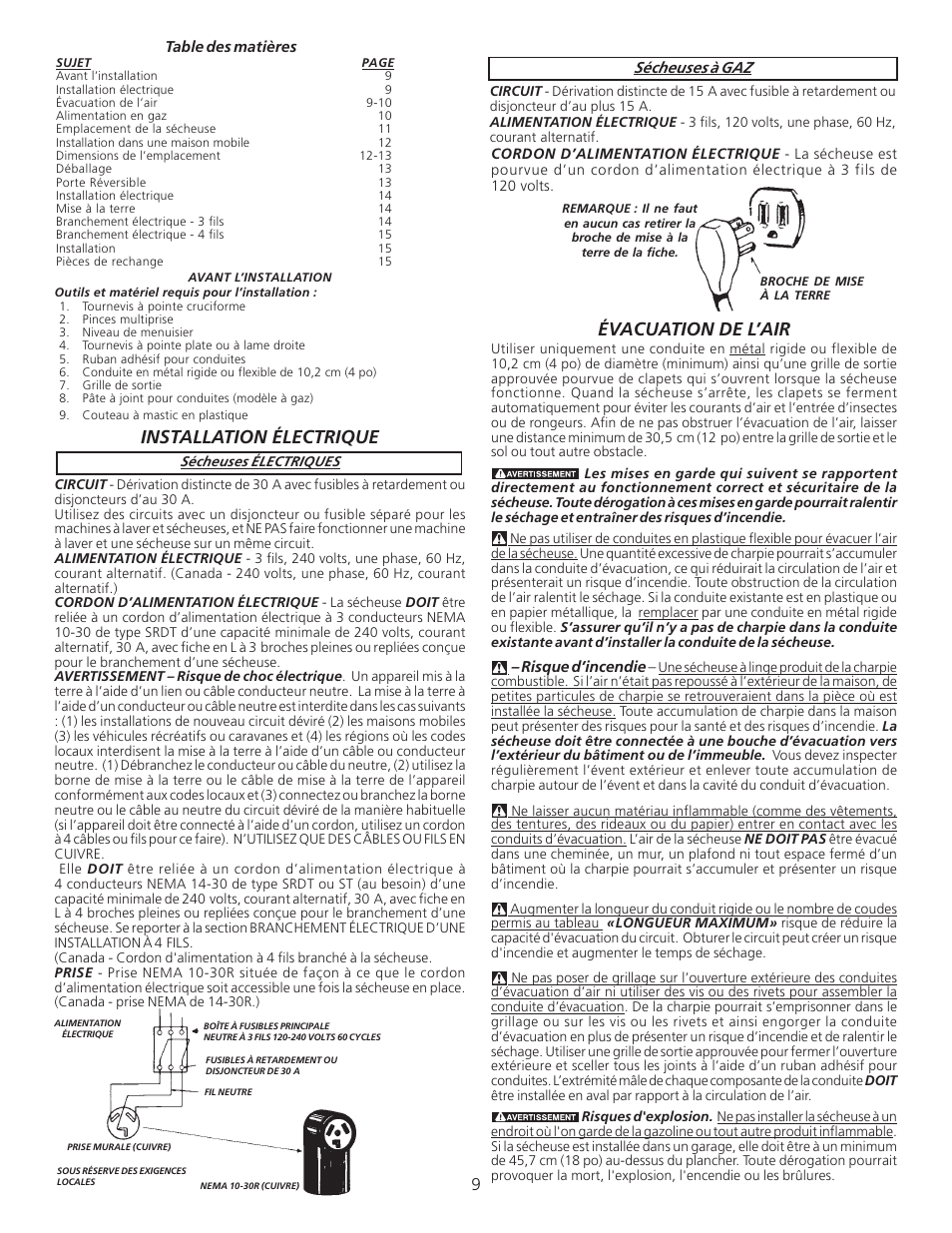 Installation électrique, Évacuation de l’air | FRIGIDAIRE 134296400 User Manual | Page 9 / 22
