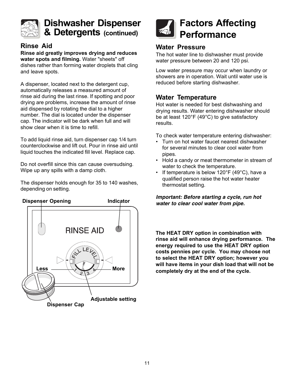 Dishwasher dispenser & detergents, Factors affecting performance | FRIGIDAIRE 1000 User Manual | Page 11 / 16