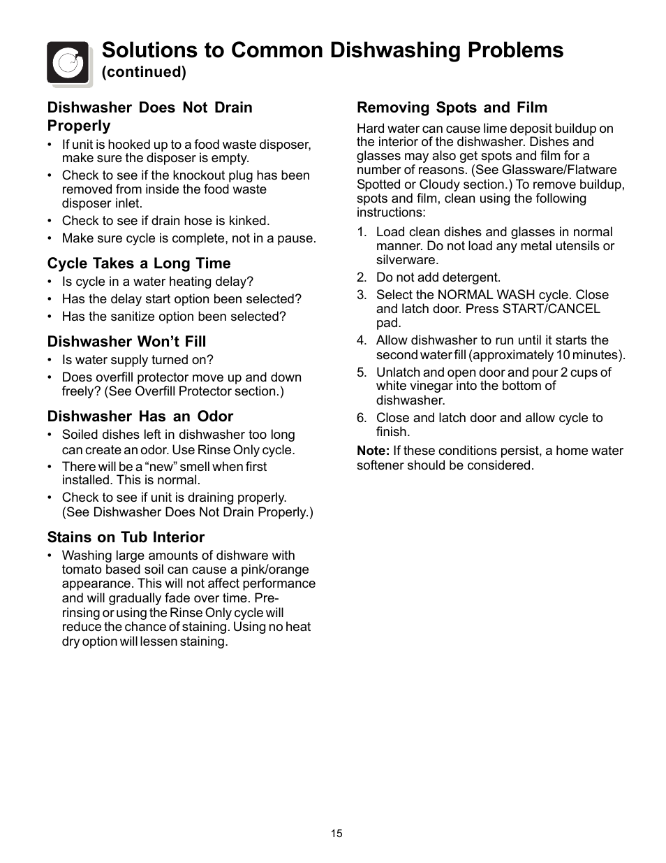 Solutions to common dishwashing problems | FRIGIDAIRE 1000 User Manual | Page 15 / 16