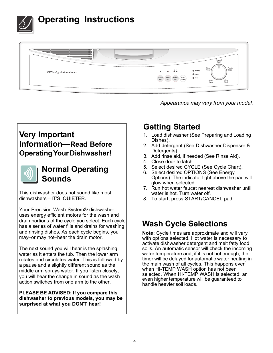 Operating instructions, Wash cycle selections, Getting started | Very important information, Normal operating sounds, Read before operating your dishwasher | FRIGIDAIRE 1000 User Manual | Page 4 / 16