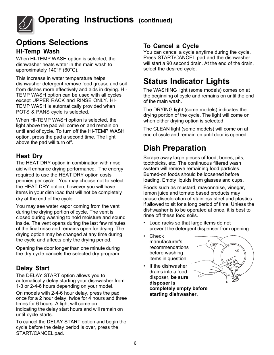 Operating instructions, Status indicator lights, Options selections | Dish preparation | FRIGIDAIRE 1000 User Manual | Page 6 / 16