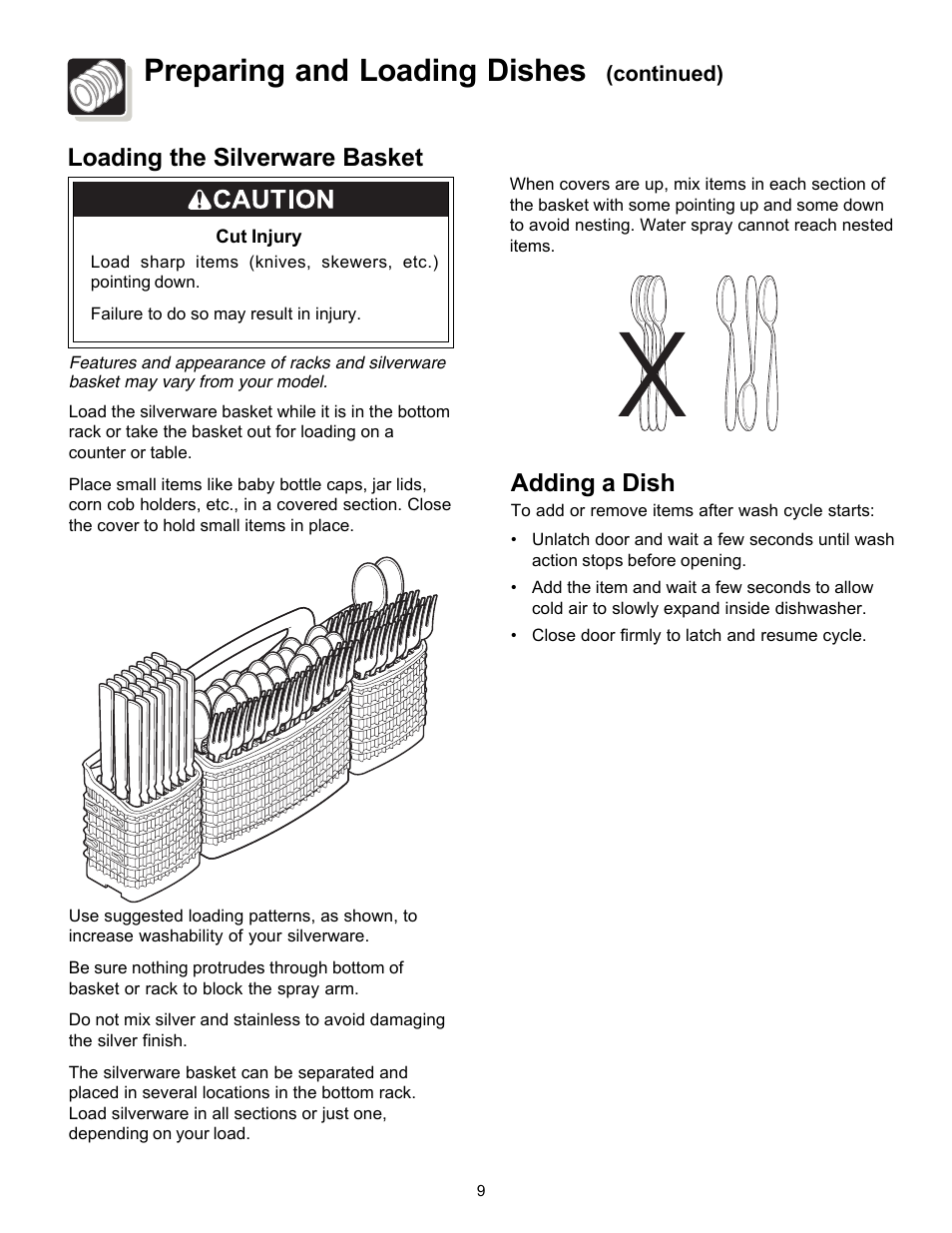 Preparing and loading dishes, Loading the silverware basket adding a dish | FRIGIDAIRE 1000 User Manual | Page 9 / 16