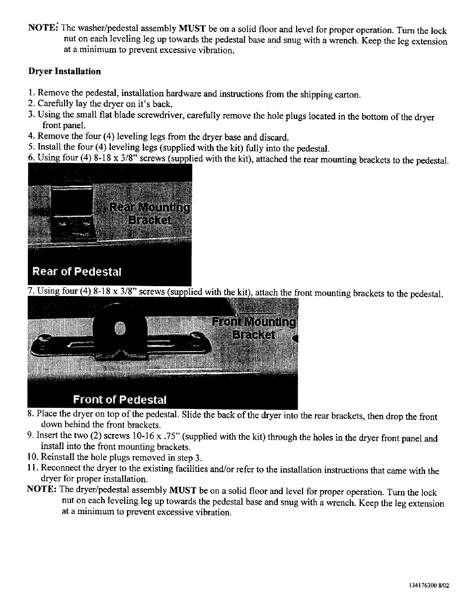Dryer installation | FRIGIDAIRE FDPW1 User Manual | Page 3 / 3
