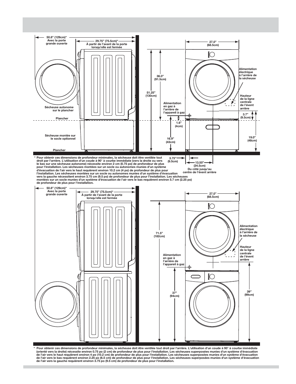 Dimensions de l’installation de sécheuse | FRIGIDAIRE 137134900B User Manual | Page 33 / 68