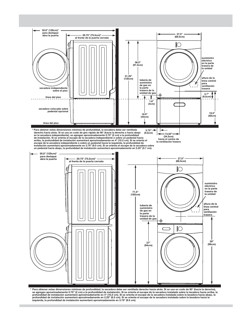 Dimensiones de la secadora instalada | FRIGIDAIRE 137134900B User Manual | Page 55 / 68