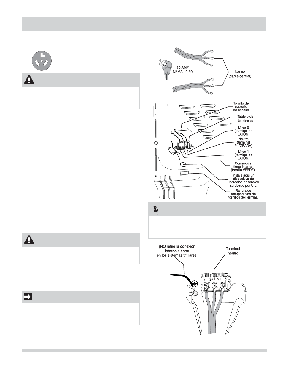 Instrucciones de instalación, Conexión eléctrica (fuera de canadá): trifi lar, Nota | Importante, Advertencia, Receptáculo trifi lar (tipo nema 10-30r) | FRIGIDAIRE 137134900B User Manual | Page 59 / 68