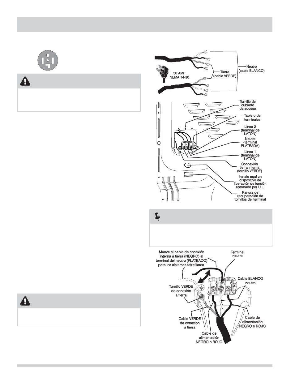 Instrucciones de instalación, Conexión eléctrica (fuera de canadá): tetrafi lar, Advertencia | Nota, Receptáculo tetrafi lar (tipo nema 14-30r) | FRIGIDAIRE 137134900B User Manual | Page 60 / 68