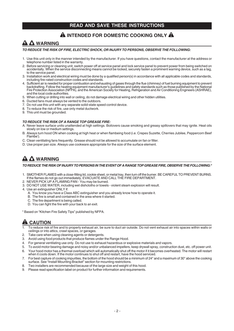 Read and save these instructions warning, Warning, Caution | Intended for domestic cooking only | FRIGIDAIRE PL36WC51EC User Manual | Page 2 / 10