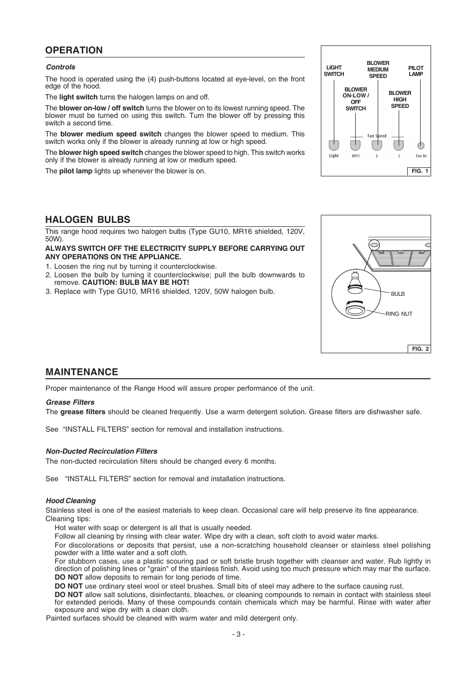 Operation, Halogen bulbs, Maintenance | FRIGIDAIRE PL36WC51EC User Manual | Page 3 / 10