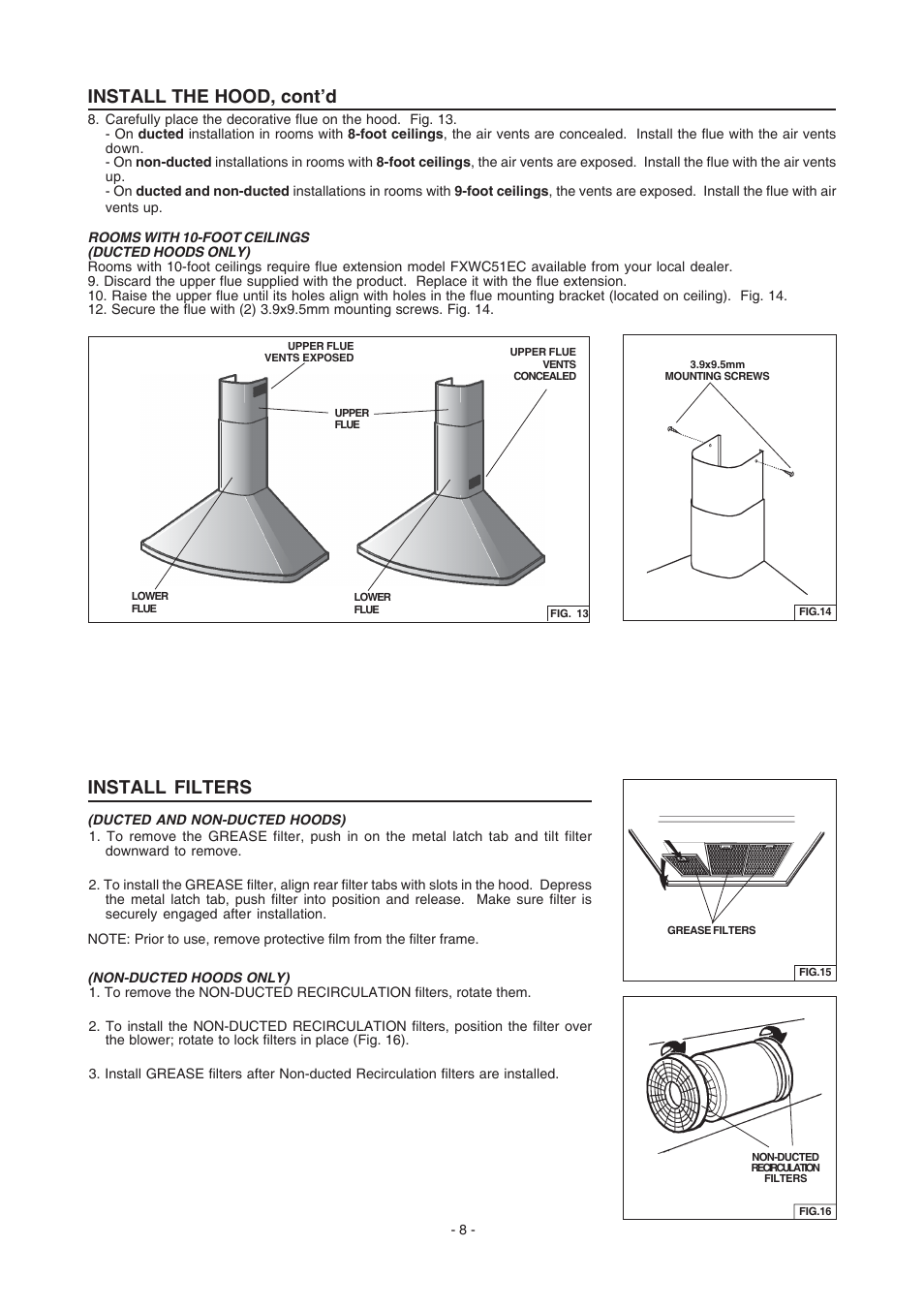 Install filters, Install the hood, cont’d | FRIGIDAIRE PL36WC51EC User Manual | Page 8 / 10