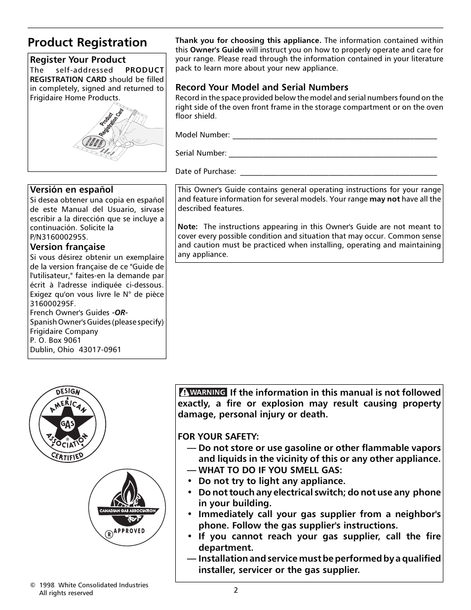 Product registration, Versión en español, Version française | FRIGIDAIRE 316000653 User Manual | Page 2 / 20