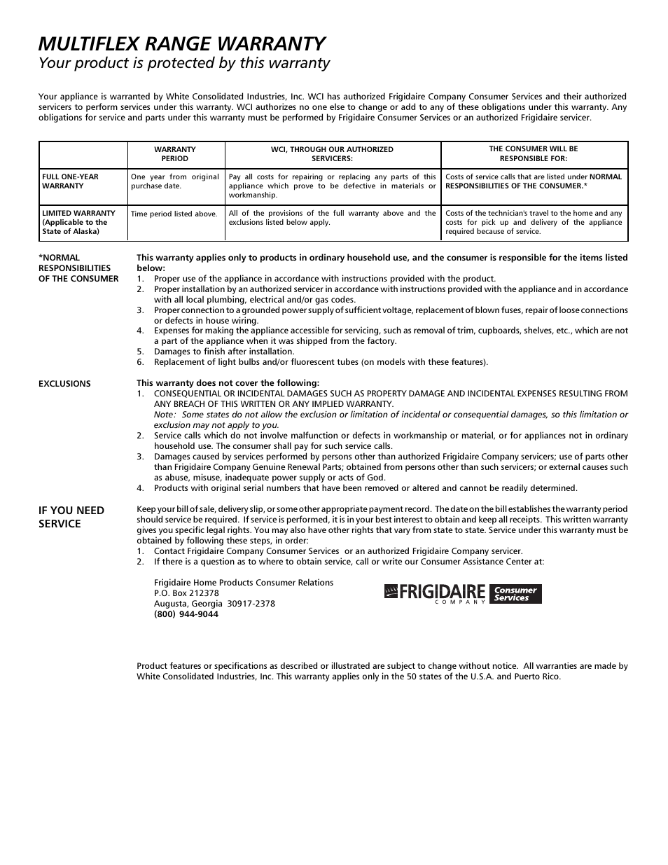 Multiflex range warranty, Your product is protected by this warranty | FRIGIDAIRE 316000653 User Manual | Page 20 / 20