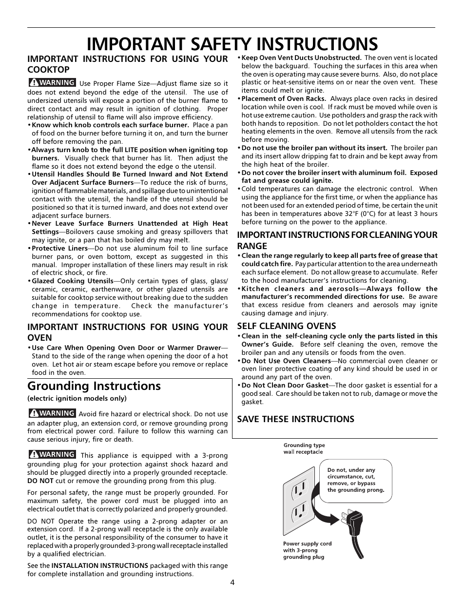 Grounding instructions, Important safety instructions | FRIGIDAIRE 316000653 User Manual | Page 4 / 20