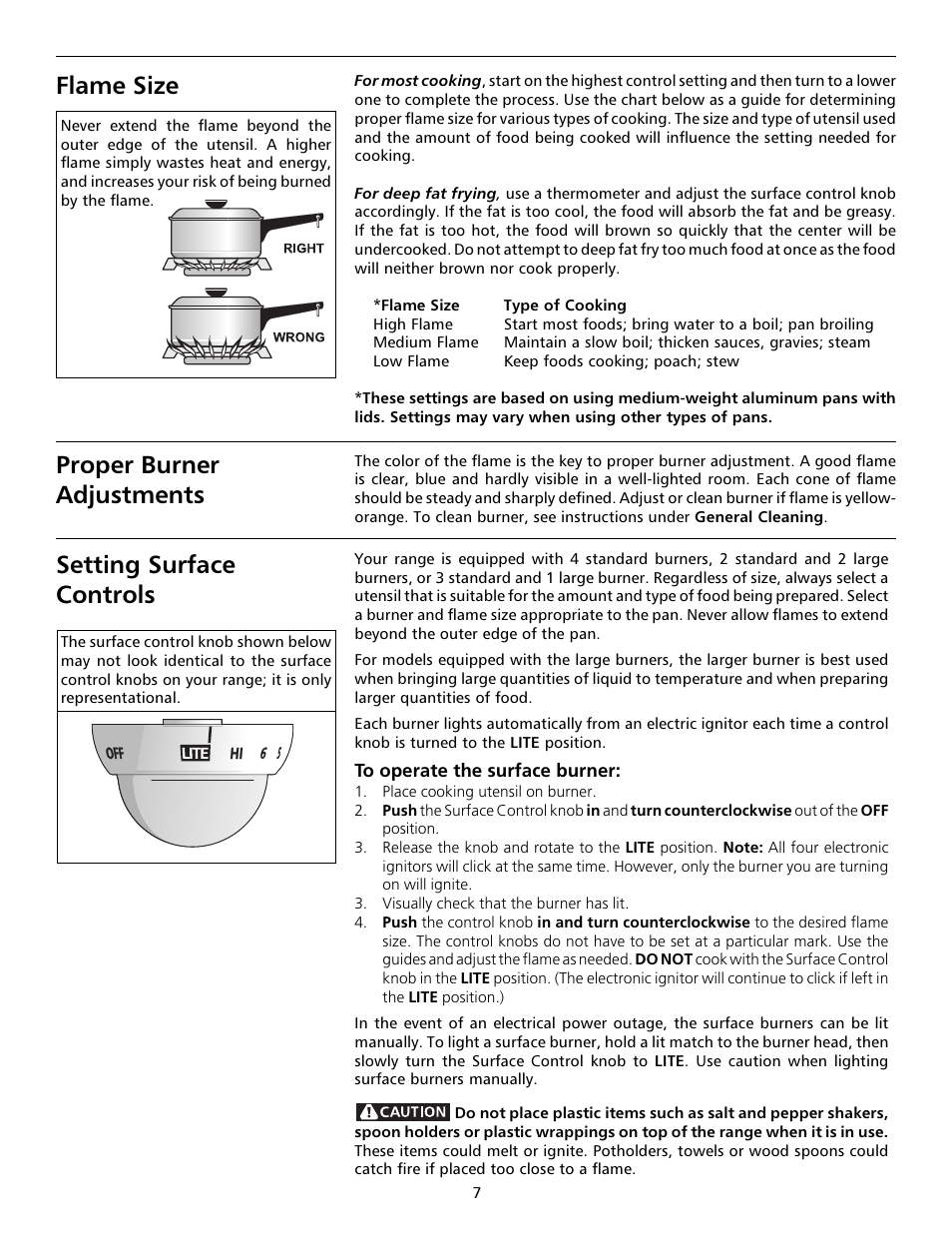 Flame size, Proper burner adjustments, Setting surface controls | FRIGIDAIRE 316000653 User Manual | Page 7 / 20