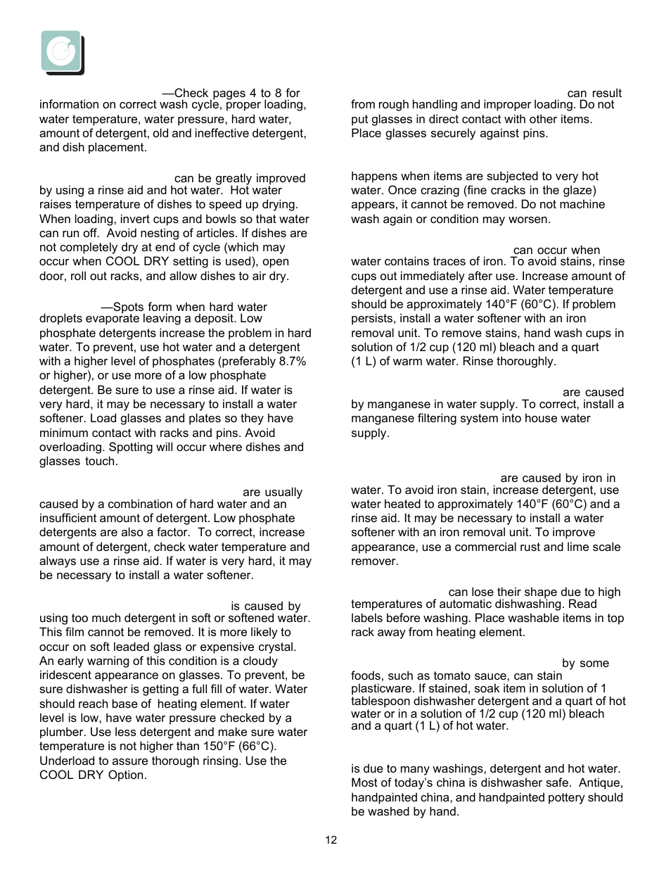 Common dishwashing problems and solutions | FRIGIDAIRE 18" Built-In and Portable Dishwasher User Manual | Page 12 / 14